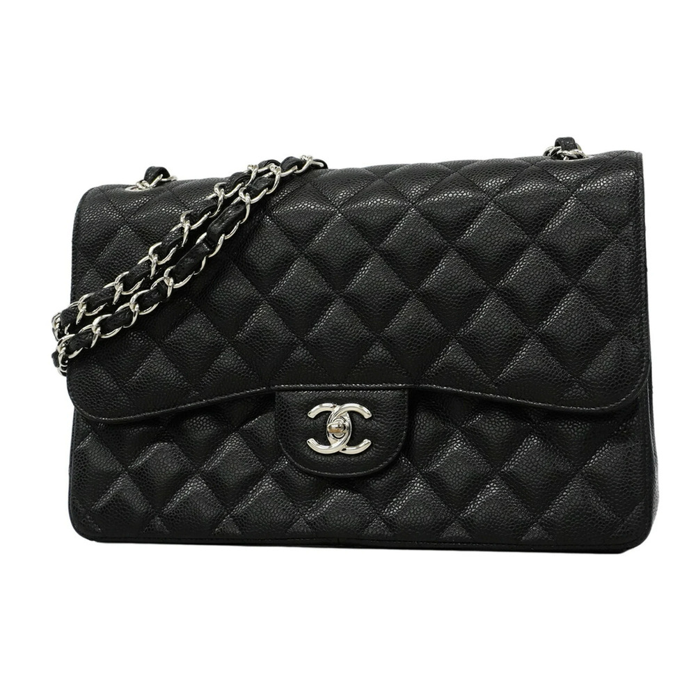 Chanel Shoulder Bag, Large Matelassé, Double Flap, Chain, Caviar Leather, Bla...